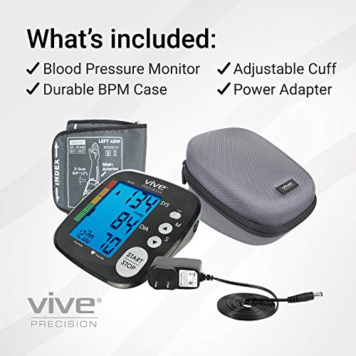Vive Precision Blood Pressure Machine - Heart Rate Monitor - Automatic BPM Upper Arm Cuff - Sphygmomanometer for Hypertension and Accurate Pulse (Black, BPM + Case + Power Adapter)