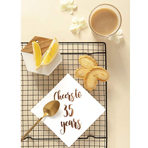 Cheers to 35 Years Cocktail Napkins, 50-Pack 3ply White Rose Gold 35th Birthday Dinner Celebration Party Decoration Napkin