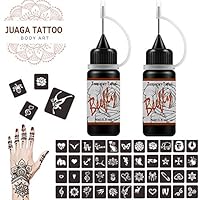 Jagua Tattoo Gel Temporary Tattoos Kit Semi Permanent Simulated Real Tattoo Color Fake Freckles(Organic Jagua Fruit Based) with Special Design Tattoo Stencils,DIY Tattoos Kit 2 Bottle (Brown2)