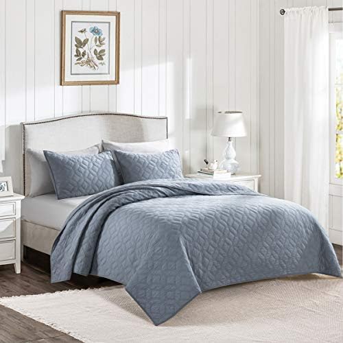 HeyDreamy Cotton Voile Lightweight 3 Piece Quilt Set Ultra Soft Garment Wash Coverlet Set Solid Diamond Stitched Bedspread Geometric Pattern with Cotton Fill for All Season (Light Blue,King)