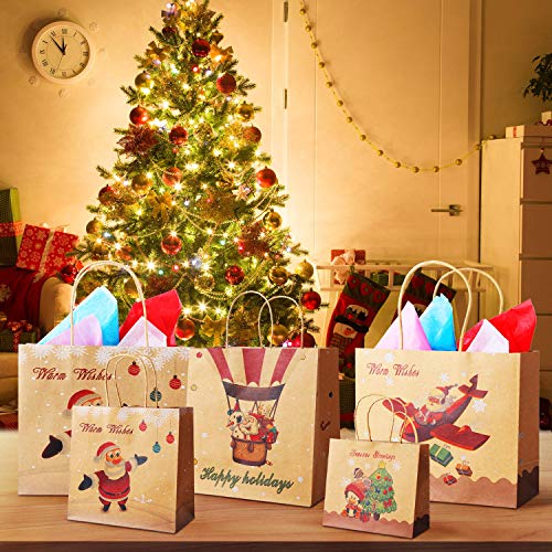 Christmas Gift Bags Bulk Set - 24 Count Kraft Gift Bags with Assorted Christmas Prints, Christmas Goody Bags with Handles for Xmas Gift Wrapping, Classrooms & Party