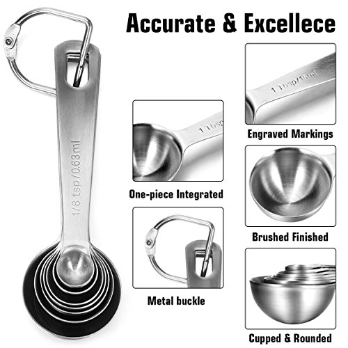 Engraved Measuring Cups Spoons Set, Umite Chef Round Teaspoons Made of 304 Stainless Steel, 7 Cups,7 Spoons, 1 Magnetic Measurement Conversion Chart, Volume 1/8 Tsp/0.63 ML to 1 Tbsp/15 ML