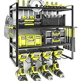 KAFAHOM Power Tool Organizer,Large 8 Drill Holder Wall Mount With 2 Side Pegboards,Metal Tool Shelf With 12 Hooks,Storage Rack For Garage Organization,Utility Cordless Drill Holder - Black