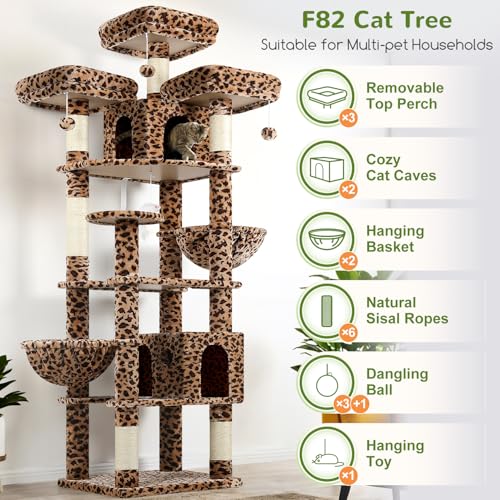 Globlazer Leopard Cat Tree XXL 209 cm with 3 Padded Perches, 2 Niches, Large Platforms, 2 Baskets, Plush Toys, Huge, Stable Cat Trees for 3-5 Cats Indoor (F82, Leopard)