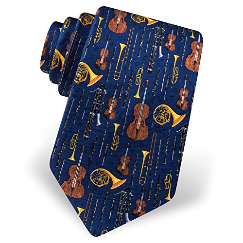 Men's 100% Silk Well Orchestrated Musical Instruments Music Tie Necktie (Navy Blue)
