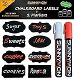 Decorative Chalkboard Label Stickers - Organize Files and Mason Jars with Self-Adhesive Labels - Stick Anywhere - Reusable / Removable - 56 Pack - 8 Different Shapes - 2 Markers (Orange and White)