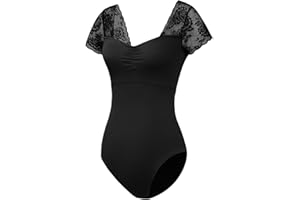 WYHDY Leotard for Women Black Ballet Leotard Women Lace Short Sleeve, Drawstring Neckline, Chest Paddable,Hollow Back,V Neck