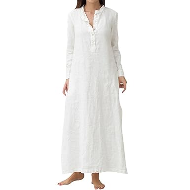 Leinenkleid Damen Beiläufige Lose Kleid Fest Langarm Boho Lang Maxi Kleid Damen Maxikleid Lose Baumwolle Leinen Sommerkleid