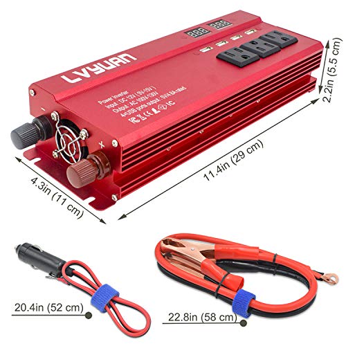 Cantonape 1000W/2000W(Surge) Car Power Inverter DC 12V to 110V AC with 4 Outlets, 4 USB Ports and Input/Output LED Display