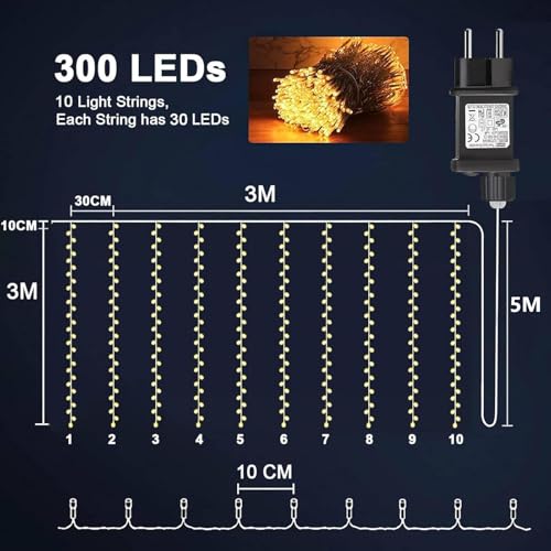 Joycome 3 m x 3 m 300 LED Christmas Light String Lights with Transformer, Timer, 8 Modes Waterproof Curtain Light for Christmas, Bedroom, Window, Wedding, Outdoor, Indoor Decorations