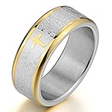 INBLUE Men's Stainless Steel Ring Band Gold Silver Two Tone Bible Lords Prayer Cross Wedding