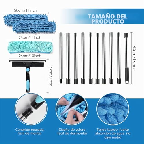 Telescopic Glass Cleaner, 10 Sticks, 0.13-4 m, 180° Rotating Head, Replacement Cloth, Chenille and Brush, for Roofing Terraces, Greenhouses, Skylights, Large Glazed Surfaces | For high windows, shower, car, mirror, microfibre covers, professional quality