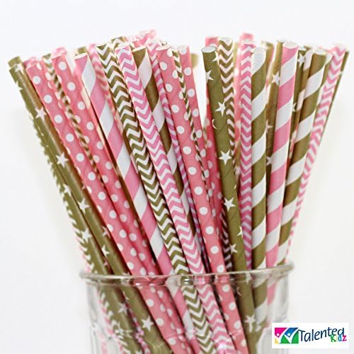 150 Pink and Gold Paper Straw Combo, 6 Designs - 100% Biodegradable - 7.75 Inches - Baby Shower, Wedding, Anniversary, Birthday Party Supply - 150 Straws, 6 Patterns Individually Packed