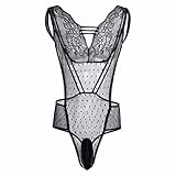 FEESHOW Men's One-piece Lingerie Sissy Pouch Leotard Thong Mesh Bodysuit Nightwear Black XL