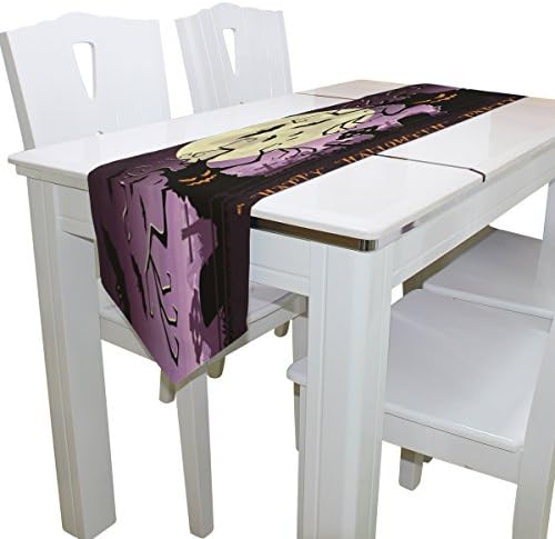 Cicily Double-Sided Printing Halloween Full Moon Tree Monsters Trees Bats Graves Purple Table Runner 13x90 Inches Long Table Top Home Decor