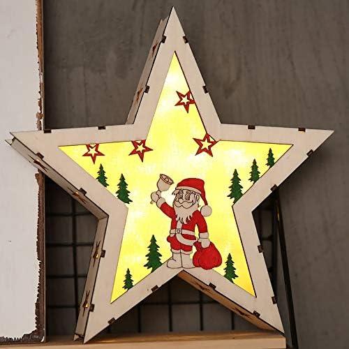 Christmas Star Light Up LED Ornaments, Guizen Wooden Xmas Tree Five-Pointed Star, Old Man Snowman Glowing Star House Lamp Pendant, Christmas Party Night Supplies