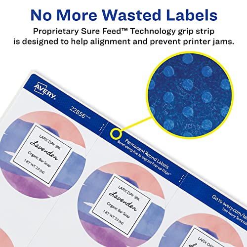 Avery Printable Waterproof Round Labels with Sure Feed, 2.5" Diameter, White, 72 Customizable ...