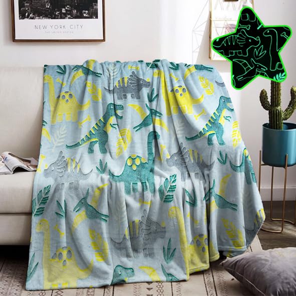 HZVRTN Cuddly Dinosaur Blanket for Children - Glow in the Dark, Soft Fluffy Bed Couch Sofa Blanket, Gifts for Boys (Dinosaur A, 130 x 150 cm)