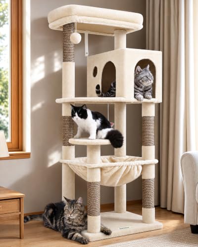 Globlazer Beige Cat Tree 137 cm with Extra Large Hammock 45 x 40 cm, Large Kennels, Padded Platform, Easy to Install Indoor Cat Trees for Adult Cats Rest, Scratching Game (F53, Beige)