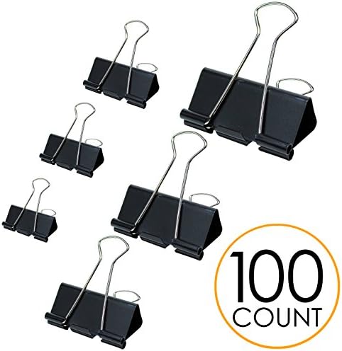 Binder Clips Paper Clamp - Assorted Sizes 100 Count (Black) Heavy Duty Metal Clip | Perfect for Home &amp; Office