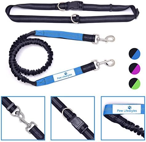 Paw Lifestyles Hand-Free Shock Absorbing Bungee Dog Leash with Dual Handle and Adjustable Waist Belt, 4 Feet, Black and Blue