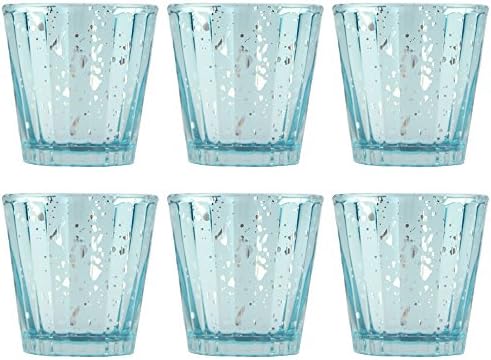 Set of Six Blue Mercury Glass Votive Candle Holders