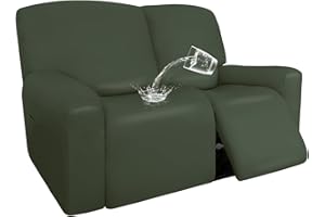 Easy-Going PU Leather Recliner Loveseat Slipcovers, Waterproof Stretch Sofa Covers, 6 Pieces Stretch Furniture Protector, Elastic Strap Shield Pets Kids Children Cats Dogs Greyish Green
