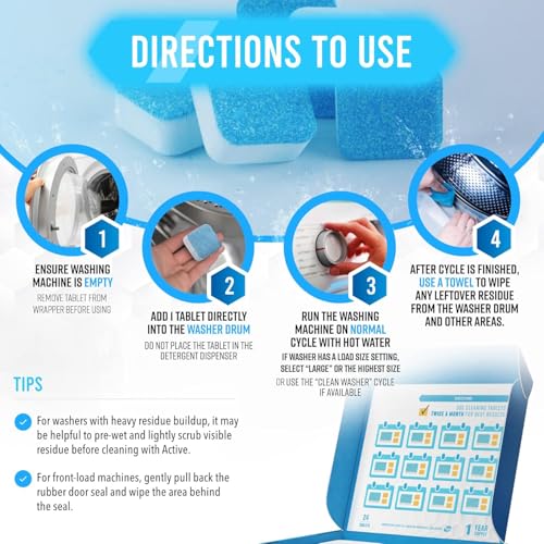 Uniiking® Washing Machine Cleaner Descaler 12 Pack - Deep Cleaning Tablets for HE Front Loader & Top Load Washer, Septic Safe Eco-Friendly Deodorizer, Clean Inside Drum and Laundry Tub Seal