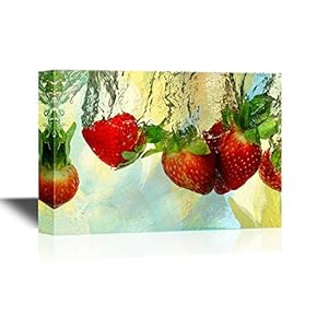 Fruits Canvas Wall Art - Fresh Red Strawberries in Water - Gallery Wrap Modern Home Art | Ready to Hang - 12x18 inches