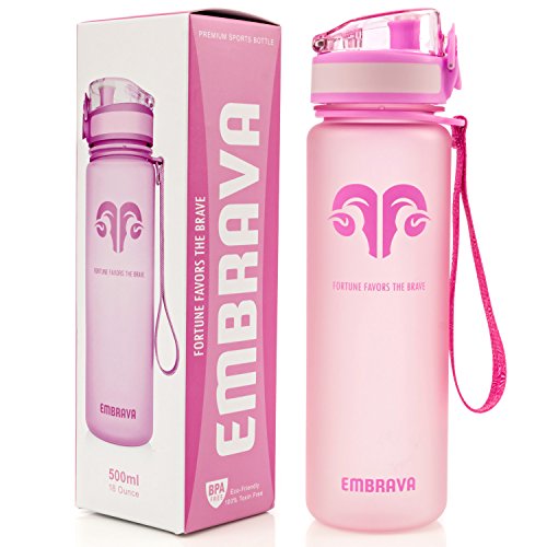 Embrava Best Sports Water Bottle - 18oz Small - Eco Friendly & BPA-Free Plastic - Fast Water Flow, Flip Top Lid, Opens With 1-Click (Pink)