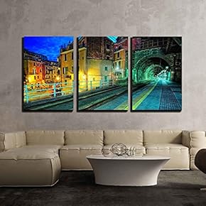 3 Piece Canvas Wall Art - Train Platform and a Tunnel in Vernazza Village, Italy - Modern Home Art Stretched and Framed Ready to Hang - 16"x24"x3 Panels