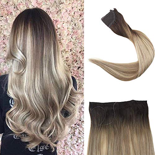 Full Shine 12 inch Halo Extensions Color #3 Dark Brown Fading to #8 and #22 Blonde Highlights Hair Extensions Flip Hair Extensions No Clips 70g Per Set