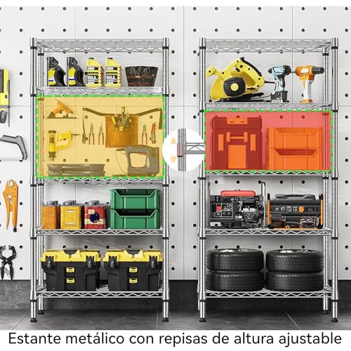 【Expandible】Estante de Almacenamiento de Metal de 5 Niveles(55x30x150CM), Estante Organizador Resistente, Rack Organizador Ajustable, Anaquel, 4 S-Ganchos, Cocina, Oficina, Despensa, Microondas(Plata)