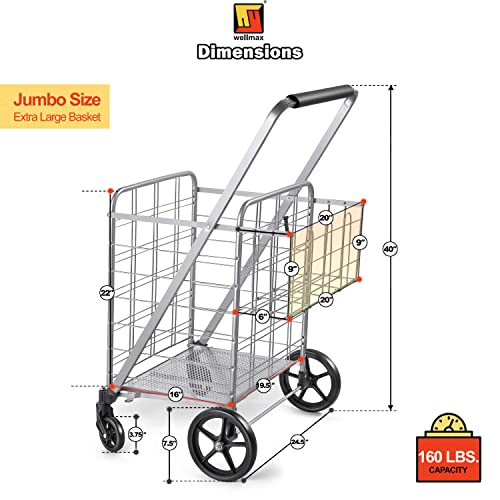 Wellmax Shopping Cart, Metal Grocery Carts For Groceries, Folding Cart