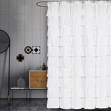 Volens Ruffle White Shower Curtain For Bathroom Fabric Extra Long