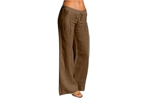 Linen Pants Women Casual Low Waist Stretch White Pant Wide Legs Straight Boho Pleated Trousers for Beach Vacation