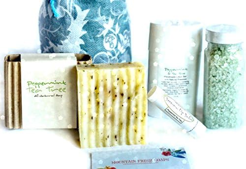 Mountain Fresh Soaps "Invigorating" GIFT SET ~ Artisan, Organic, &amp; All-Natural Soap, Lotion, Lip Balm, &amp; Bath Salt (Peppermint Tea Tree)