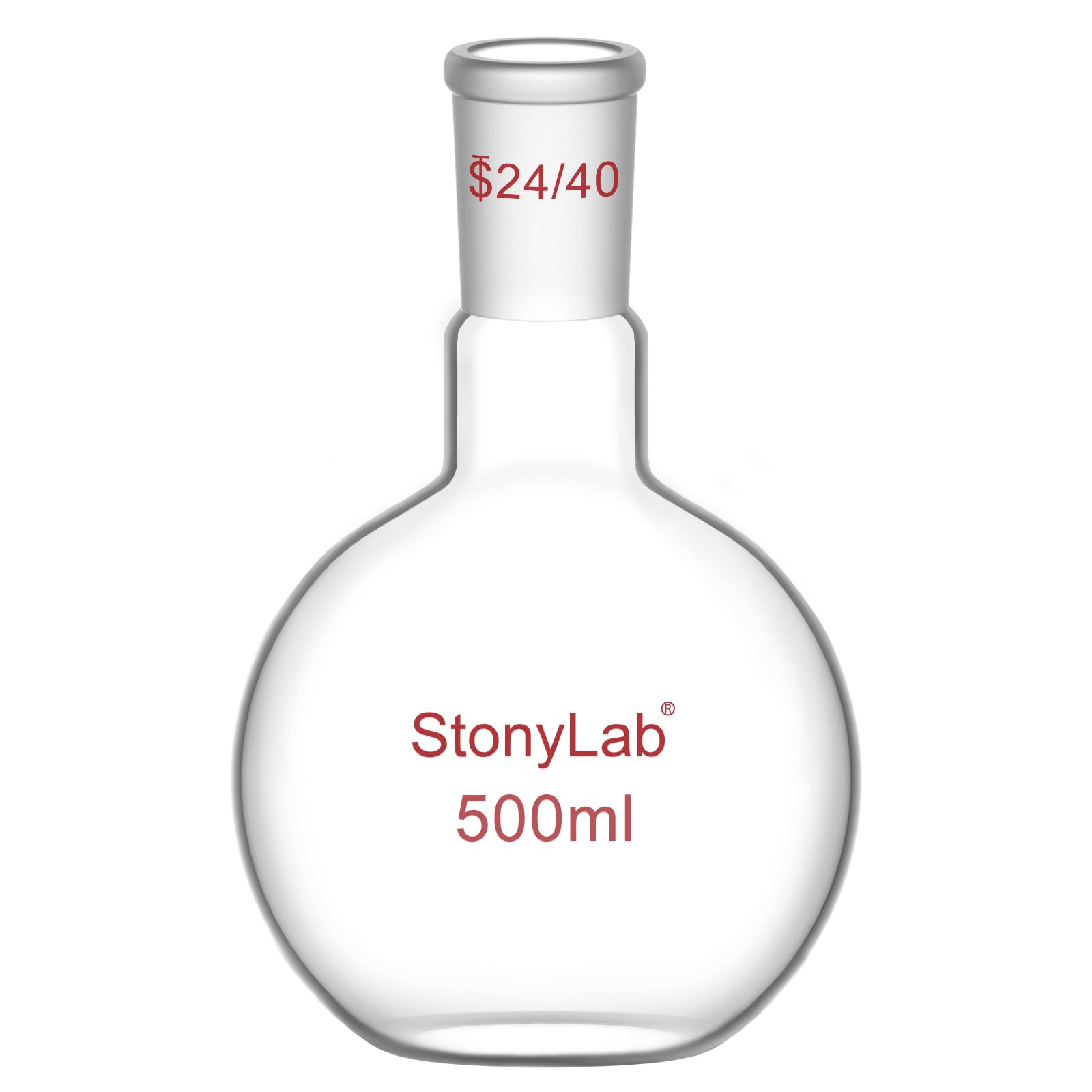 StonyLab Borosilicate Glass Heavy Wall Single Neck Flat Bottom Boiling Flask, with 24/40 Standard Taper Outer Joint, 500ml