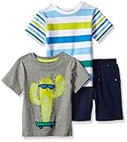 CHEROKEE Toddler Boys' 3 Piece Tee and Short Set, Gray, 2T
