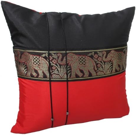 Set of 2 Silk Elephant Decorative Throw Cushion Cover Pillow Case (Vintage Item Size 16 X 16 Inches Black & Red)