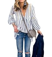 ZXZY Women Long Sleeve V Neck Hollow Out Floral Print Shirt Tops Long Blouse Tee