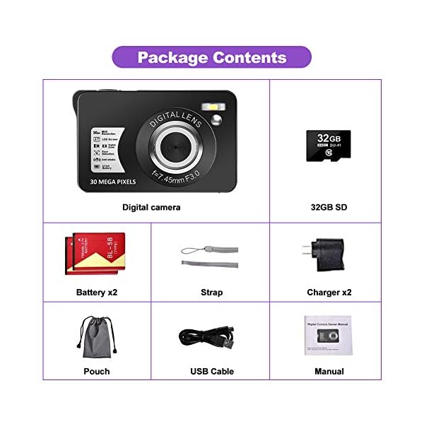 Digitalkamera, Kompaktkamera 30MP 2,7-Zoll- mit 8X Digitalzoom Fotoapparat Digitalkamera mit 32 GB SD-Karte und 2… – Bild 8