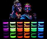 UV Neon Face & Body Paint Glow Kit (6 Bottles 0.75 oz. Each) - Top Rated Blacklight Reactive Fluorescent Paint - Safe, Washable, Non-Toxic, By Midnight Glo