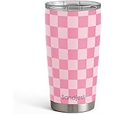SANDJEST Checkered Tumbler 20oz Stainless Steel Insulated, Checker Travel Coffee Cup, Bow Gifts for Women Girls Teen, Birthday Christmas (Pink)