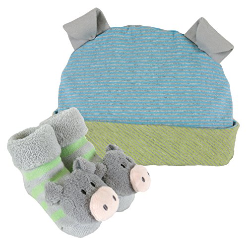 Stephan Baby Rattle Socks and Knit Cap Gift Set, Stripy Blue/Green Pig