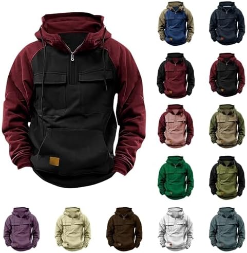 AMDOLE Hoodie for Men UK Half Zip Hooded Sweatshirt Cargo Vintage Pullover Casual Solid Color Hoody Drawstring Jumper Workout Gym Sports Outdoor Sportwear with Kanga Pocket Black-c L