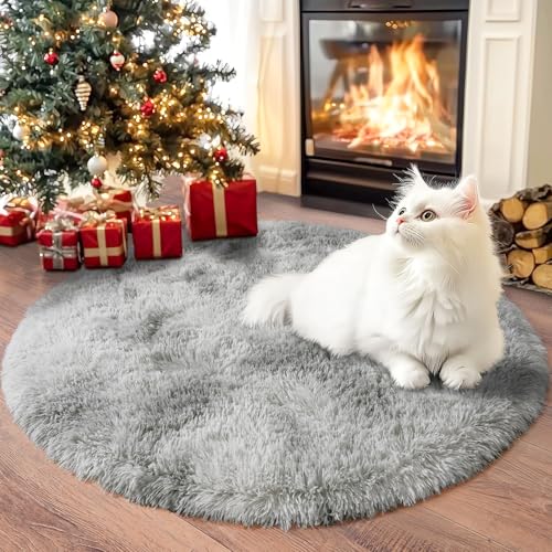 Chicnix Teppich Rund 100 Cm Hochflor Für Schlafzimmer, Teppich Wohnzimmer Langflor, Moderner Plüsch Rutschfest Weich Flauschig Bettvorleger Für Kinderzimmer, Batik Hellgrau