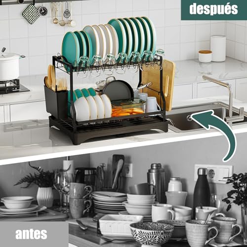 2 Niveles Escurridor de Platos Profesional,Escurridor de Trastes Acero Inoxidable con Bandeja de Canaleta en 360°,con Sistema de Drenaje Automático,Soporte para Vajilla,Vasos,Cubiertos y Utensilios