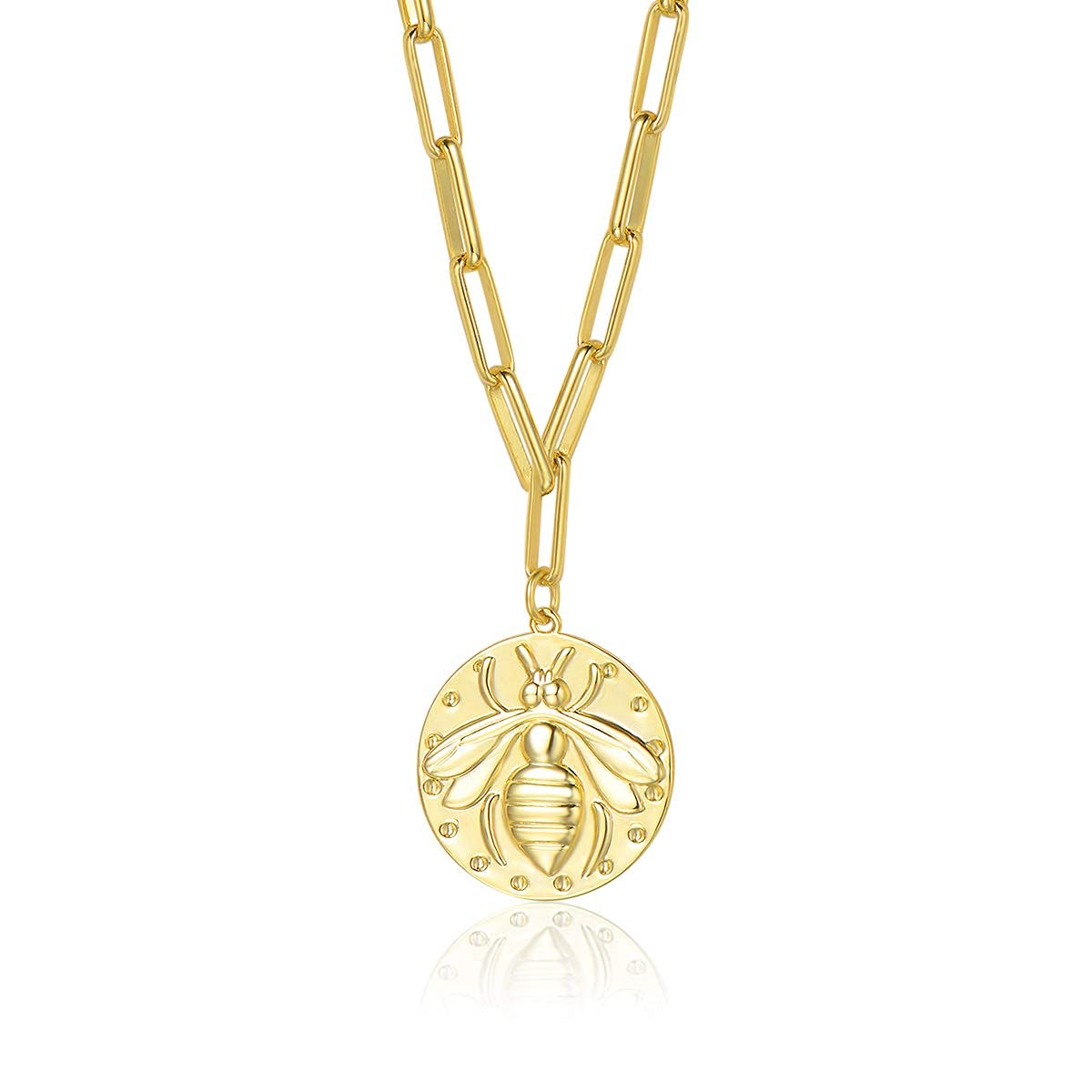 AGVANA 14K Yellow Gold Plated 925 Sterling Silver Coin Bee Pendant Necklace Dainty Jewelry Gifts for Women Her Girls Girlfriend Wife Friend Sister with Gift Box, 16+2 Inch Extender