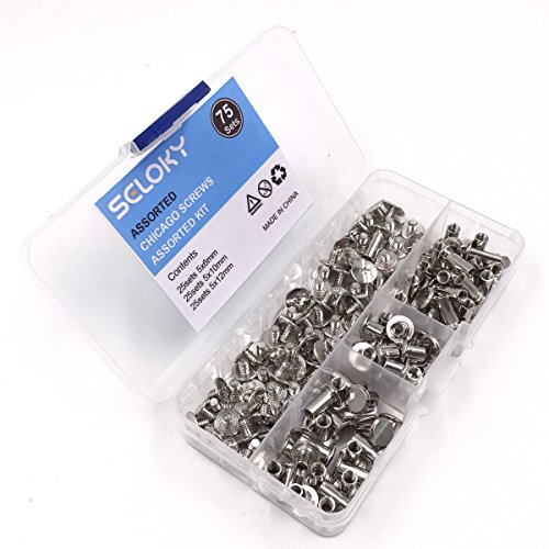 Seloky 75 Sets Silvery Chicago Screws Assorted Kit 1/4 3/8 1/2 Inches Screw Posts Metal Accessories Nail Rivet Chicago Button For DIY Leather Decoration Bookbinding Round Flat Head Stud Screw